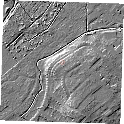 Shaded relief map of the ground around BN228UU, computed from Environment Agency LiDAR. The ground here sits at about 8 m above sea level and falls 8 m across the surrounding 800 m. Surface water reaching this point runs off ground lying to the east-south-east, 2.6 m higher.