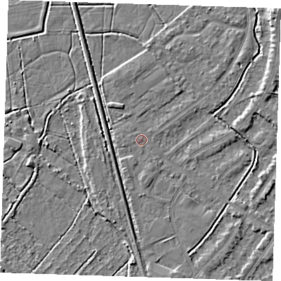 Shaded relief map of the ground around BN228UW, computed from Environment Agency LiDAR. The ground here sits at about 3 m above sea level and falls 5 m across the surrounding 800 m. Surface water reaching this point runs off ground lying to the north-north-west, 0.6 m higher.