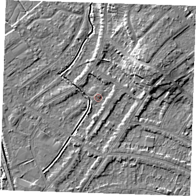 Shaded relief map of the ground around BN228UX, computed from Environment Agency LiDAR. The ground here sits at about 2 m above sea level and falls 8 m across the surrounding 800 m. Surface water reaching this point runs off ground lying to the east, 2.5 m higher.