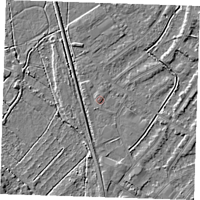 Shaded relief map of the ground around BN228UY, computed from Environment Agency LiDAR. The ground here sits at about 3 m above sea level and falls 9 m across the surrounding 800 m. Surface water reaching this point runs off ground lying to the north-north-west, 0.8 m higher.