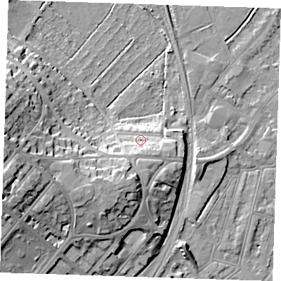 Shaded relief map of the ground around BN228XJ, computed from Environment Agency LiDAR. The ground here sits at about 8 m above sea level and falls 20 m across the surrounding 800 m. Surface water reaching this point runs off ground lying to the south-south-west, 5.2 m higher.