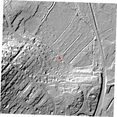 Shaded relief map of the ground around BN228XL, computed from Environment Agency LiDAR. The ground here sits at about 5 m above sea level and falls 34 m across the surrounding 800 m. Surface water reaching this point runs off ground lying to the west-south-west, 33.0 m higher.