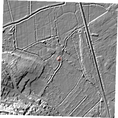 Shaded relief map of the ground around BN228XS, computed from Environment Agency LiDAR. The ground here sits at about 3 m above sea level and falls 27 m across the surrounding 800 m. Surface water reaching this point runs off ground lying to the west-north-west, 1.6 m higher.