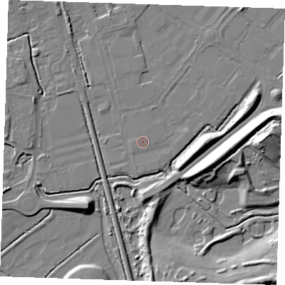 Shaded relief map of the ground around BN229AF, computed from Environment Agency LiDAR. The ground here sits at about 3 m above sea level and falls 14 m across the surrounding 800 m. The ground contributing surface water to this point lies to the north.