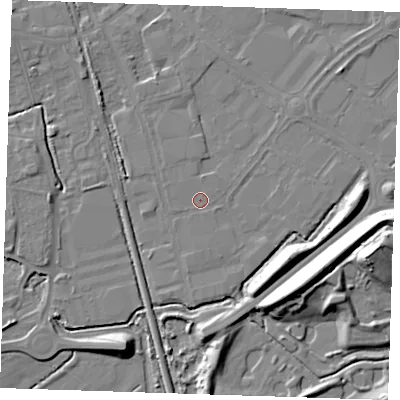 Shaded relief map of the ground around BN229AN, computed from Environment Agency LiDAR. The ground here sits at about 3 m above sea level and falls 14 m across the surrounding 800 m. The ground contributing surface water to this point lies to the west-north-west.