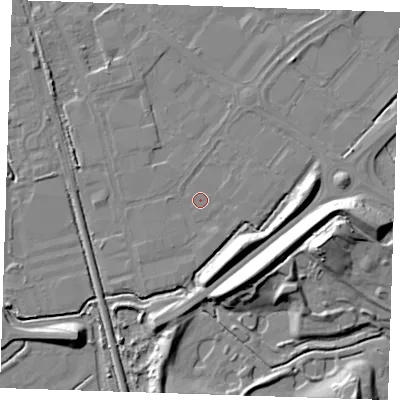 Shaded relief map of the ground around BN229BA, computed from Environment Agency LiDAR. The ground here sits at about 3 m above sea level and falls 14 m across the surrounding 800 m. Surface water reaching this point runs off ground lying to the south, 1.0 m higher.