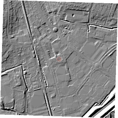 Shaded relief map of the ground around BN229BH, computed from Environment Agency LiDAR. The ground here sits at about 3 m above sea level and falls 12 m across the surrounding 800 m. Surface water reaching this point runs off ground lying to the west, 0.7 m higher.