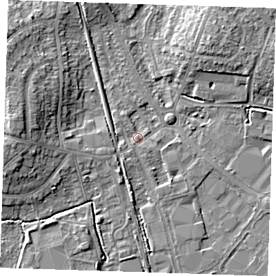 Shaded relief map of the ground around BN229BJ, computed from Environment Agency LiDAR. The ground here sits at about 3 m above sea level and falls 9 m across the surrounding 800 m. Surface water reaching this point runs off ground lying to the west-north-west, 8.0 m higher.