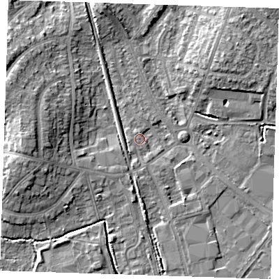 Shaded relief map of the ground around BN229BP, computed from Environment Agency LiDAR. The ground here sits at about 3 m above sea level and falls 10 m across the surrounding 800 m. Surface water reaching this point runs off ground lying to the north-north-west, 5.7 m higher.