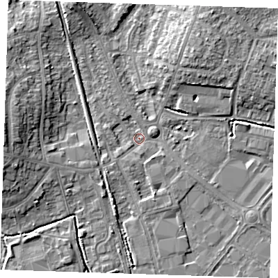 Shaded relief map of the ground around BN229BT, computed from Environment Agency LiDAR. The ground here sits at about 2 m above sea level and falls 9 m across the surrounding 800 m. Surface water reaching this point runs off ground lying to the west-north-west, 8.1 m higher.