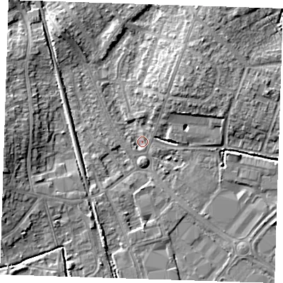Shaded relief map of the ground around BN229BU, computed from Environment Agency LiDAR. The ground here sits at about 3 m above sea level and falls 8 m across the surrounding 800 m. Surface water reaching this point runs off ground lying to the south-west, 1.1 m higher.