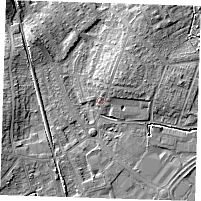 Shaded relief map of the ground around BN229BX, computed from Environment Agency LiDAR. The ground here sits at about 4 m above sea level and falls 8 m across the surrounding 800 m. Surface water reaching this point runs off ground lying to the north-east, 4.4 m higher.