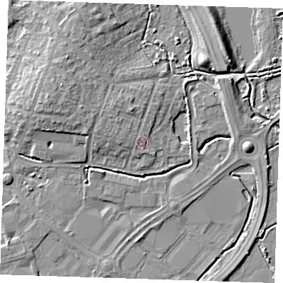 Shaded relief map of the ground around BN229EB, computed from Environment Agency LiDAR. The ground here sits at about 5 m above sea level and falls 7 m across the surrounding 800 m. Surface water reaching this point runs off ground lying to the west-south-west, 1.1 m higher.