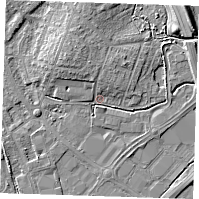 Shaded relief map of the ground around BN229EE, computed from Environment Agency LiDAR. The ground here sits at about 3 m above sea level and falls 7 m across the surrounding 800 m. Surface water reaching this point runs off ground lying to the north-north-west, 5.4 m higher.