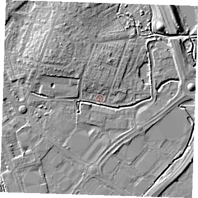 Shaded relief map of the ground around BN229EF, computed from Environment Agency LiDAR. The ground here sits at about 3 m above sea level and falls 7 m across the surrounding 800 m. Surface water reaching this point runs off ground lying to the north-east, 3.9 m higher.