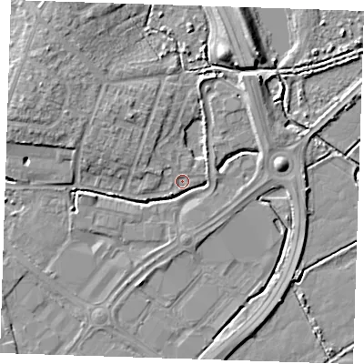 Shaded relief map of the ground around BN229EG, computed from Environment Agency LiDAR. The ground here sits at about 3 m above sea level and falls 7 m across the surrounding 800 m. Surface water reaching this point runs off ground lying to the west-north-west, 3.9 m higher.