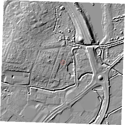 Shaded relief map of the ground around BN229EH, computed from Environment Agency LiDAR. The ground here sits at about 4 m above sea level and falls 7 m across the surrounding 800 m. Surface water reaching this point runs off ground lying to the west, 1.6 m higher.