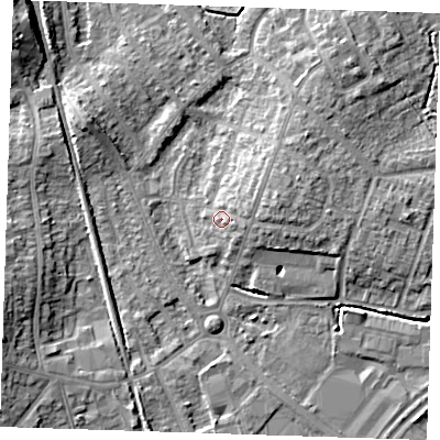 Shaded relief map of the ground around BN229ES, computed from Environment Agency LiDAR. The ground here sits at about 5 m above sea level and falls 9 m across the surrounding 800 m. Surface water reaching this point runs off ground lying to the north-east, 3.6 m higher.