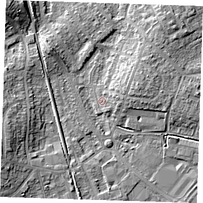 Shaded relief map of the ground around BN229ET, computed from Environment Agency LiDAR. The ground here sits at about 4 m above sea level and falls 11 m across the surrounding 800 m. Surface water reaching this point runs off ground lying to the north-west, 5.7 m higher.