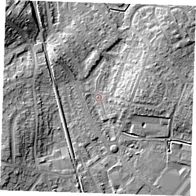 Shaded relief map of the ground around BN229EU, computed from Environment Agency LiDAR. The ground here sits at about 3 m above sea level and falls 12 m across the surrounding 800 m. Surface water reaching this point runs off ground lying to the north-west, 5.7 m higher.