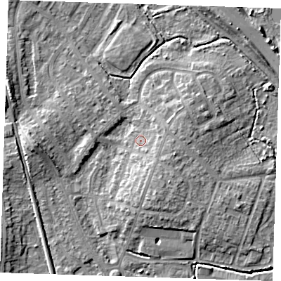 Shaded relief map of the ground around BN229EY, computed from Environment Agency LiDAR. The ground here sits at about 4 m above sea level and falls 7 m across the surrounding 800 m. Surface water reaching this point runs off ground lying to the south-east, 3.9 m higher.