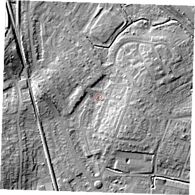 Shaded relief map of the ground around BN229HA, computed from Environment Agency LiDAR. The ground here sits at about 3 m above sea level and falls 10 m across the surrounding 800 m. Surface water reaching this point runs off ground lying to the west, 5.7 m higher.