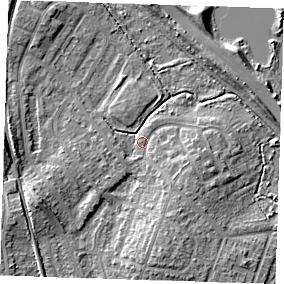 Shaded relief map of the ground around BN229HP, computed from Environment Agency LiDAR. The ground here sits at about 3 m above sea level and falls 7 m across the surrounding 800 m. Surface water reaching this point runs off ground lying to the south-south-east, 5.1 m higher.