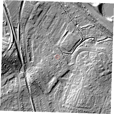 Shaded relief map of the ground around BN229HS, computed from Environment Agency LiDAR. The ground here sits at about 4 m above sea level and falls 12 m across the surrounding 800 m. Surface water reaching this point runs off ground lying to the west-south-west, 1.4 m higher.
