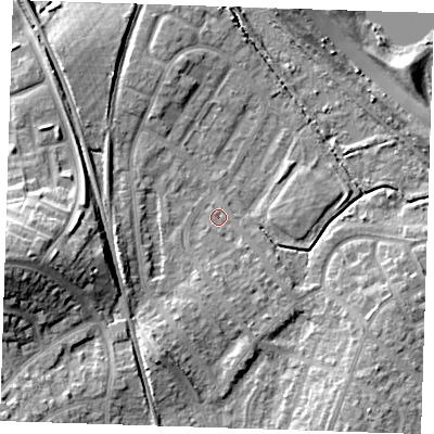 Shaded relief map of the ground around BN229HT, computed from Environment Agency LiDAR. The ground here sits at about 3 m above sea level and falls 14 m across the surrounding 800 m. Surface water reaching this point runs off ground lying to the south, 2.0 m higher.