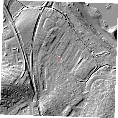 Shaded relief map of the ground around BN229HU, computed from Environment Agency LiDAR. The ground here sits at about 3 m above sea level and falls 14 m across the surrounding 800 m. Surface water reaching this point runs off ground lying to the north-north-west, 3.7 m higher.