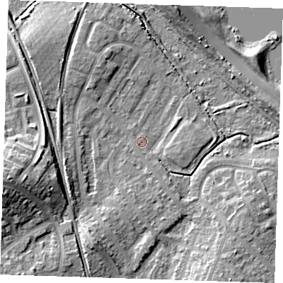 Shaded relief map of the ground around BN229HY, computed from Environment Agency LiDAR. The ground here sits at about 3 m above sea level and falls 13 m across the surrounding 800 m. Surface water reaching this point runs off ground lying to the west-south-west, 10.8 m higher.