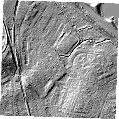 Shaded relief map of the ground around BN229HZ, computed from Environment Agency LiDAR. The ground here sits at about 4 m above sea level and falls 11 m across the surrounding 800 m. Surface water reaching this point runs off ground lying to the south, 1.3 m higher.