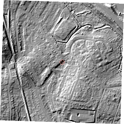 Shaded relief map of the ground around BN229JA, computed from Environment Agency LiDAR. The ground here sits at about 3 m above sea level and falls 9 m across the surrounding 800 m. Surface water reaching this point runs off ground lying to the west, 2.1 m higher.