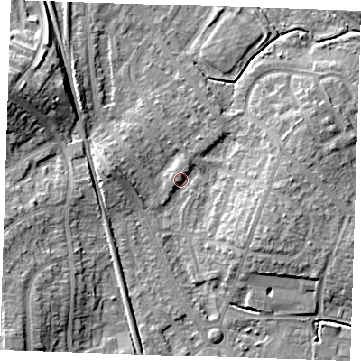 Shaded relief map of the ground around BN229JB, computed from Environment Agency LiDAR. The ground here sits at about 4 m above sea level and falls 12 m across the surrounding 800 m. Surface water reaching this point runs off ground lying to the west, 5.7 m higher.