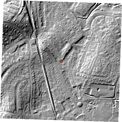 Shaded relief map of the ground around BN229JD, computed from Environment Agency LiDAR. The ground here sits at about 3 m above sea level and falls 14 m across the surrounding 800 m. Surface water reaching this point runs off ground lying to the north-west, 5.7 m higher.