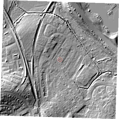 Shaded relief map of the ground around BN229LE, computed from Environment Agency LiDAR. The ground here sits at about 3 m above sea level and falls 14 m across the surrounding 800 m. Surface water reaching this point runs off ground lying to the north-north-west, 3.6 m higher.