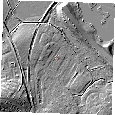 Shaded relief map of the ground around BN229LF, computed from Environment Agency LiDAR. The ground here sits at about 4 m above sea level and falls 14 m across the surrounding 800 m. Surface water reaching this point runs off ground lying to the west-north-west, 2.5 m higher.