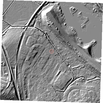 Shaded relief map of the ground around BN229LG, computed from Environment Agency LiDAR. The ground here sits at about 3 m above sea level and falls 12 m across the surrounding 800 m. Surface water reaching this point runs off ground lying to the west, 3.3 m higher.
