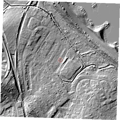 Shaded relief map of the ground around BN229LH, computed from Environment Agency LiDAR. The ground here sits at about 2 m above sea level and falls 12 m across the surrounding 800 m. Surface water reaching this point runs off ground lying to the west-south-west, 10.8 m higher.