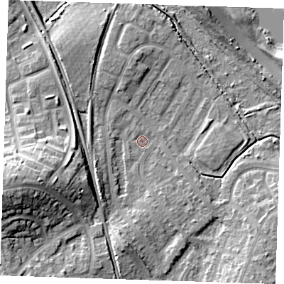 Shaded relief map of the ground around BN229LP, computed from Environment Agency LiDAR. The ground here sits at about 3 m above sea level and falls 15 m across the surrounding 800 m. Surface water reaching this point runs off ground lying to the west-south-west, 10.4 m higher.