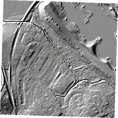 Shaded relief map of the ground around BN229LQ, computed from Environment Agency LiDAR. The ground here sits at about 3 m above sea level and falls 10 m across the surrounding 800 m. Surface water reaching this point runs off ground lying to the south-west, 9.5 m higher.