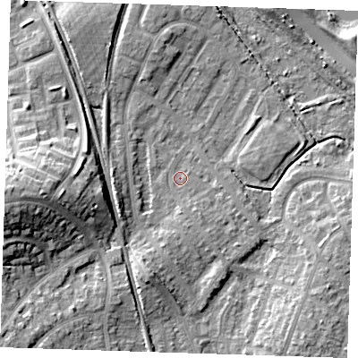 Shaded relief map of the ground around BN229LR, computed from Environment Agency LiDAR. The ground here sits at about 3 m above sea level and falls 15 m across the surrounding 800 m. Surface water reaching this point runs off ground lying to the south-south-east, 1.9 m higher.