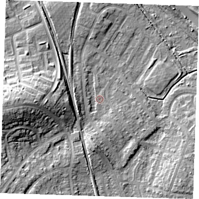 Shaded relief map of the ground around BN229LS, computed from Environment Agency LiDAR. The ground here sits at about 3 m above sea level and falls 15 m across the surrounding 800 m. Surface water reaching this point runs off ground lying to the west, 7.3 m higher.