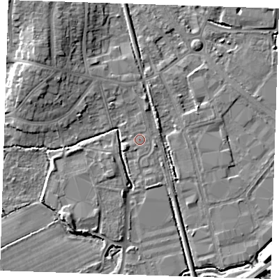 Shaded relief map of the ground around BN229NA, computed from Environment Agency LiDAR. The ground here sits at about 4 m above sea level and falls 10 m across the surrounding 800 m. Surface water reaching this point runs off ground lying to the north-north-east, 0.7 m higher.