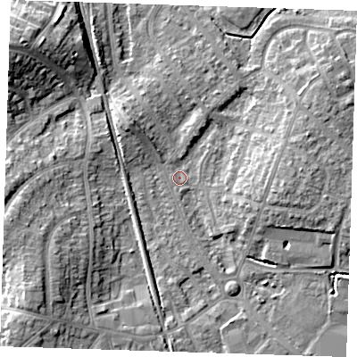 Shaded relief map of the ground around BN229PB, computed from Environment Agency LiDAR. The ground here sits at about 3 m above sea level and falls 13 m across the surrounding 800 m. Surface water reaching this point runs off ground lying to the north-west, 5.7 m higher.