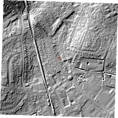 Shaded relief map of the ground around BN229PD, computed from Environment Agency LiDAR. The ground here sits at about 3 m above sea level and falls 11 m across the surrounding 800 m. Surface water reaching this point runs off ground lying to the north-north-west, 5.7 m higher.