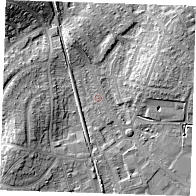 Shaded relief map of the ground around BN229PE, computed from Environment Agency LiDAR. The ground here sits at about 3 m above sea level and falls 13 m across the surrounding 800 m. Surface water reaching this point runs off ground lying to the north-north-west, 5.5 m higher.