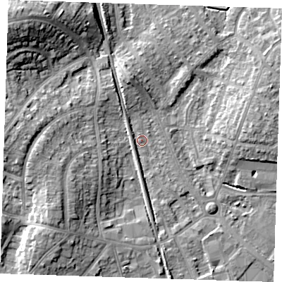 Shaded relief map of the ground around BN229PG, computed from Environment Agency LiDAR. The ground here sits at about 4 m above sea level and falls 15 m across the surrounding 800 m. Surface water reaching this point runs off ground lying to the north, 5.4 m higher.
