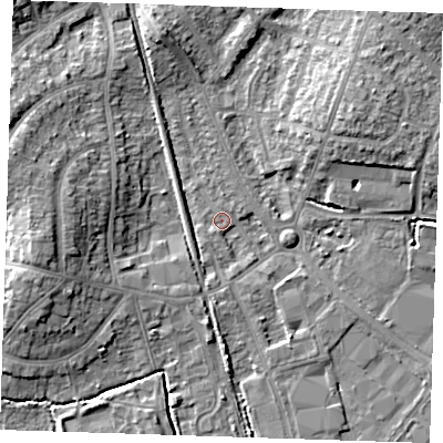 Shaded relief map of the ground around BN229PH, computed from Environment Agency LiDAR. The ground here sits at about 3 m above sea level and falls 10 m across the surrounding 800 m. Surface water reaching this point runs off ground lying to the north-north-west, 5.7 m higher.