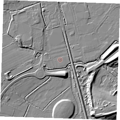 Shaded relief map of the ground around BN229PW, computed from Environment Agency LiDAR. The ground here sits at about 3 m above sea level and falls 12 m across the surrounding 800 m. Surface water reaching this point runs off ground lying to the west, 0.7 m higher.
